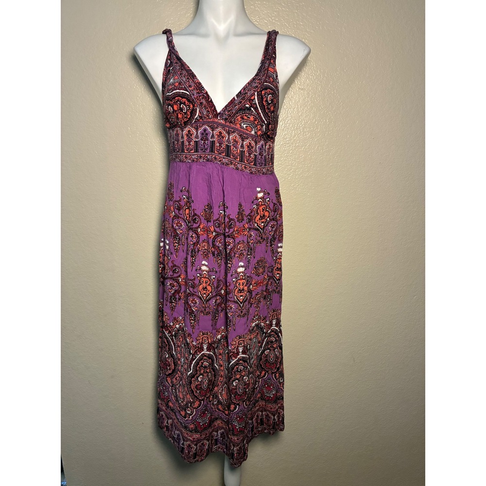 Angie Purple Paisley Boho Midi Dress Womens Medium V-Neck Smocked Back Rayon